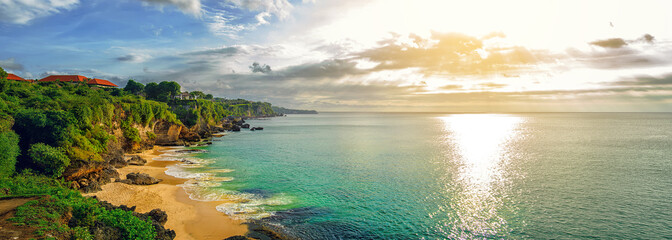 panoramic seaview with picturesque beach at sunset. tegalwangi beach, bali, indonesia