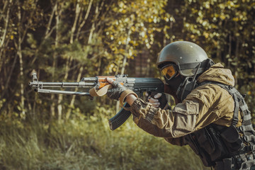 The man in the image of a member of the special forces division. Russian police special force - Special Rapid Response Unit or SOBR (Spetsnaz).