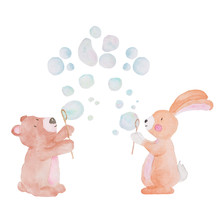 Cute Animal Watercolor Illustration Bubbles Water Kids Baby Hand-painted Animals Isolated