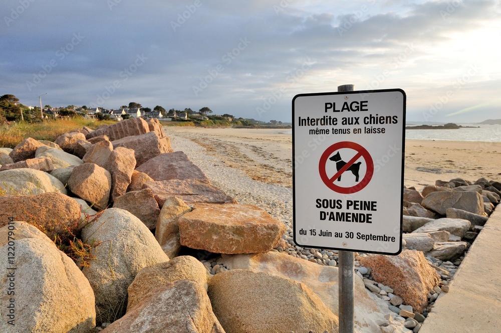 Panneau indicateur pour l'interdiction aux chiens d'aller sur la plage