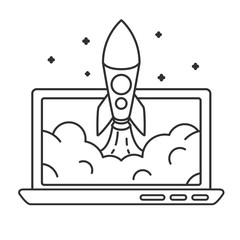 Business start up. Rocket flying out of laptop screen. Thin line vector illustration