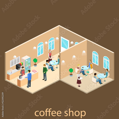 Isometric Interior Of Coffee Shop Flat 3d Isometric Design