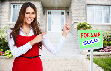 Sticker - Real Estate agent woman near new house.