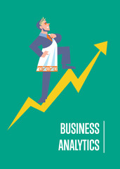 Sticker - Business analytics banner with businessman in roman toga and laurel wreath standing on arrow graph, isolated vector illustration on green background. Business growth. Big boss concept. Famous person