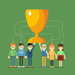 Wall Mural - Social network and teamwork banner with connected people focused on winning, vector illustration on green background. Communication mapping. Infographic design. Team work for great result. Win concept