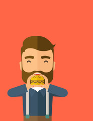 Canvas Print - Man happy eating hamburger.