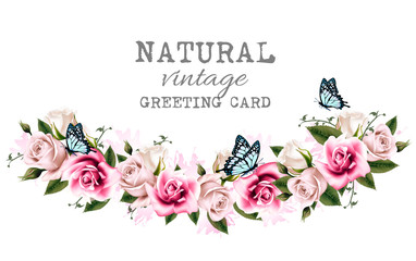Poster - Natural vintage greeting frame with roses. Vector.