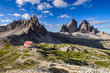 Morning view of the dolomites. Tre Cime and its refugio. Italy.