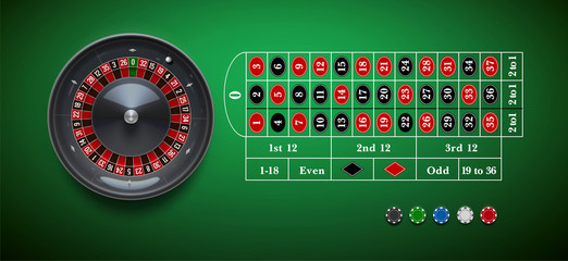 Wall Mural - casino roulette wheel with  chips isolated on green  table reali