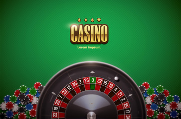 Wall Mural - casino roulette wheel with  chips isolated on green  table reali