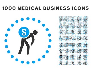 Wall Mural - Money Courier icon with 1000 medical business gray and blue vector pictographs. Clipart style is flat bicolor symbols, white background.