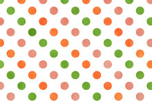 Watercolor Orange, Pink And Green Polka Dot Background.