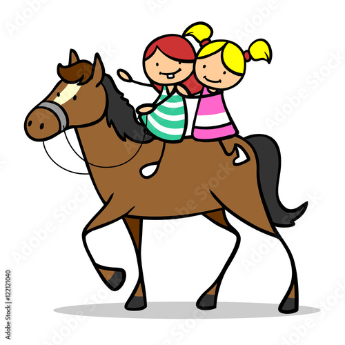 Zwei Mädchen reiten auf Pferd Illustration Stock | Adobe Stock