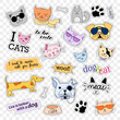 Fashion patch badges. Cats and dogs. Stickers, pins, patches and handwritten notes collection in cartoon 80s-90s comic style. Vector illustration isolated on transparent background. Vector clip art.