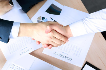 Wall Mural - Close-up image of a firm handshake between two colleagues after