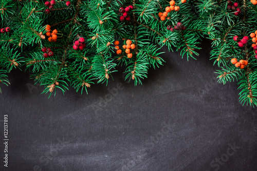 Christmas Fir Tree With Decoration On Dark Wooden Board Soft