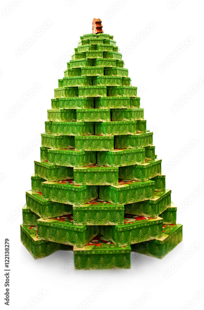 Christmas tree made of boxes in shopping center