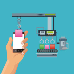 Human hand cubes and smartphone icon. App development and programming theme. Colorful design. Vector illustration