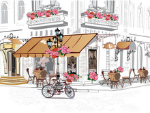 Series Of Backgrounds Decorated With Flowers, Old Town Views And Street Cafes.