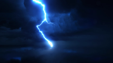 Thunderstorm with high quality lightning discharge in super slow motion against dark stormy sky with huge clouds. Ultra high speed camera shot. Perfect for film, documentary, digital composition