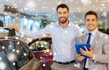 Poster - happy man with car dealer in auto show or salon