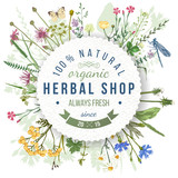 Herbal shop round emblem with herbs and flowers