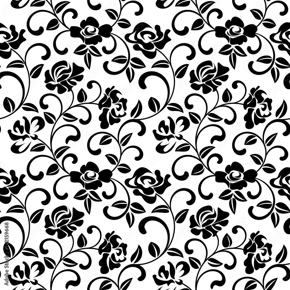 Seamless pattern with black flowers on white background. The pattern ...