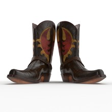 Brown Cowboy Boots With Ornamental Stitching On White. 3D Illustration