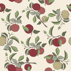  Seamless pattern with color apple fruit and leaves sketch.