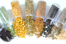 Pulses And Spices On A White Background.