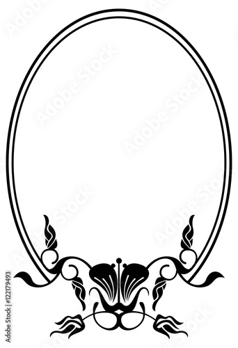 Silhouette oval frame with abstract flower ornament. Design element for