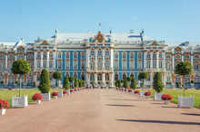 Gorgeous Ancient Catherine Palace In Tsarskoe Selo Park In Pushkin Town Near Saint-Petersburg, Russia At Sunny Day