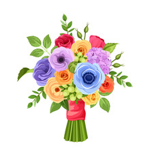 Vector Bouquet Of Red, Orange, Yellow, Blue And Purple Flowers Isolated On A White Background.