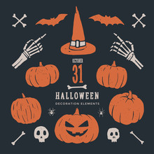 Decorative Elements On The Theme Of Halloween. Set Of Silhouettes For Halloween Holidays.