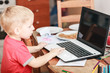 © Voyagerix - Little boy with laptop on table in home.