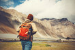 © twinsterphoto - Back of young travel backpacker walking towards the highland mountain.