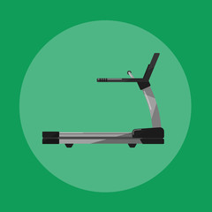 Wall Mural - Vector illustration of gym sports equipment icon. Black treadmill isolated on green background. Cardio running training. Active sport lifestyle. Stationary exercise machine.