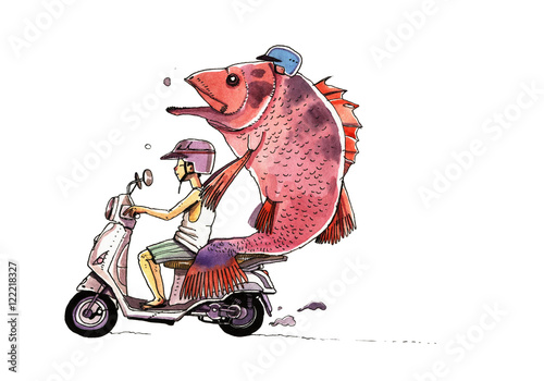 Tapeta ścienna Akwarela motocykl, ilustracja kreskówka chłopca i ryby na motoroweru, ilustracja na białym tle