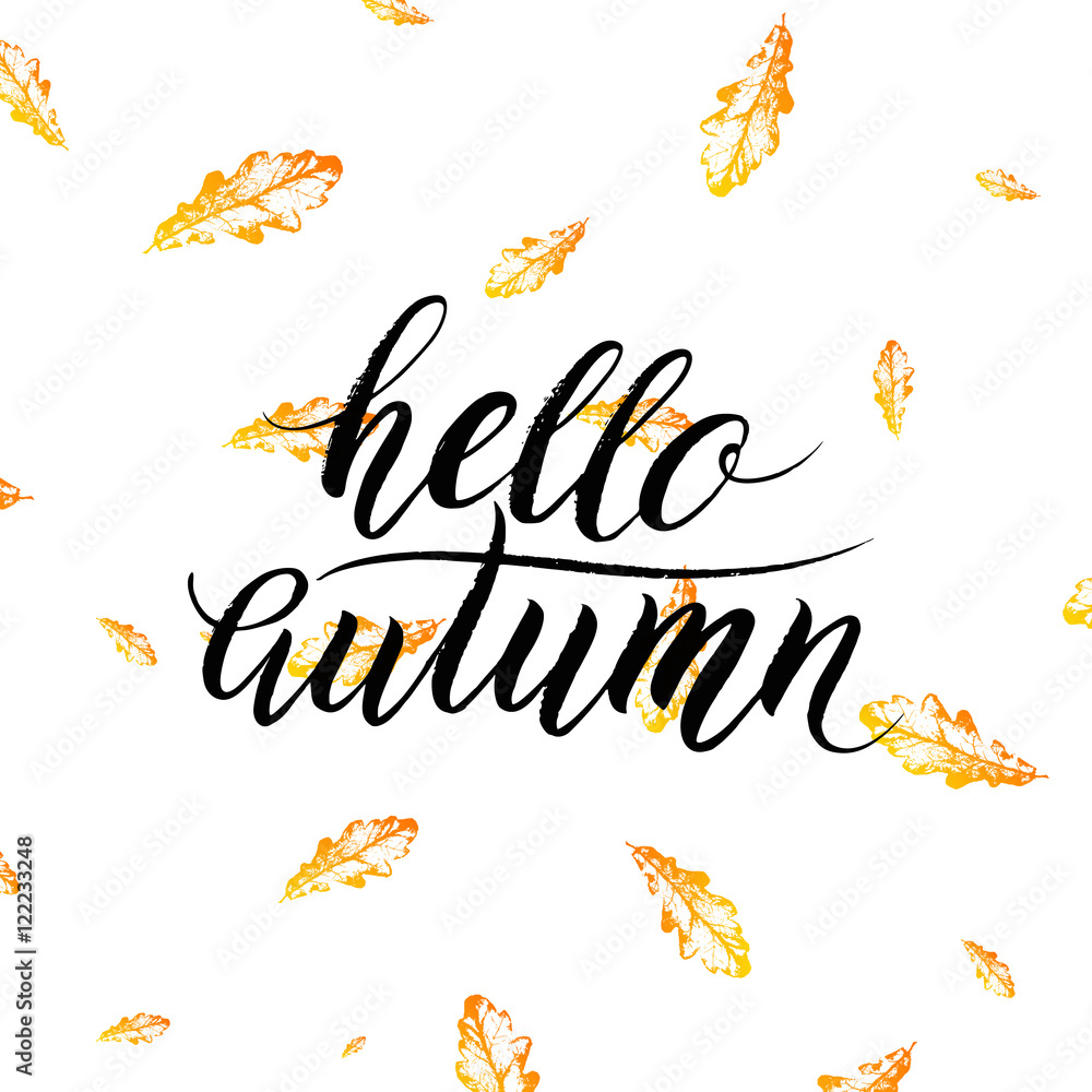 Hello autumn text isolated on orange leaves background, hand painted ...