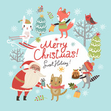 Christmas Card With Santa And Cute Characters
