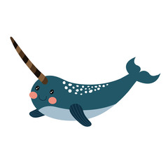 Wall Mural - Long tusk Narwhal animal cartoon character. Isolated on white background. Vector illustration.