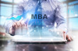 © WrightStudio - Businessman is using tablet computer, pressing button on touch screen and selecting 'MBA'.
