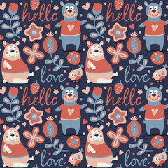 Wall Mural - Seamless cute animal autumn pattern made with bear, love, bee, flower, plant, leaf, berry, heart, friend, floral, nature, , acorn, mushroom, hello