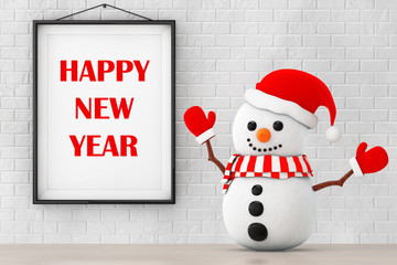 Aufkleber - Snowman in front of Brick Wall with Frame Happy New Year Sign. 3