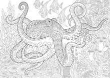 Stylized Composition Of Octopus (poulpe), Tropical Fish, Underwater Seaweed And Corals. Freehand Sketch For Adult Anti Stress Coloring Book Page With Doodle And Zentangle Elements.