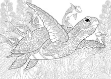 Stylized Composition Of Turtle (tortoise), Tropical Fish, Underwater Seaweed And Corals. Freehand Sketch For Adult Anti Stress Coloring Book Page With Doodle And Zentangle Elements.