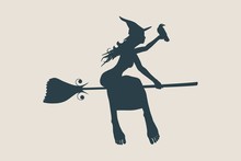 Vector Illustration Of Flying Young Witch Icon. Witch And Raven Silhouettes On A Broomstick. Halloween Relative Image