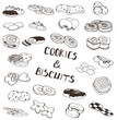 Hand-drawn collection of the different cookies and biscuits desserts. Line art set of the food icons.