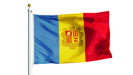 Andorra flag waving on white background, close up, isolated with clipping path mask alpha channel transparency