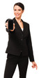 Businesswoman with mobile phone on white